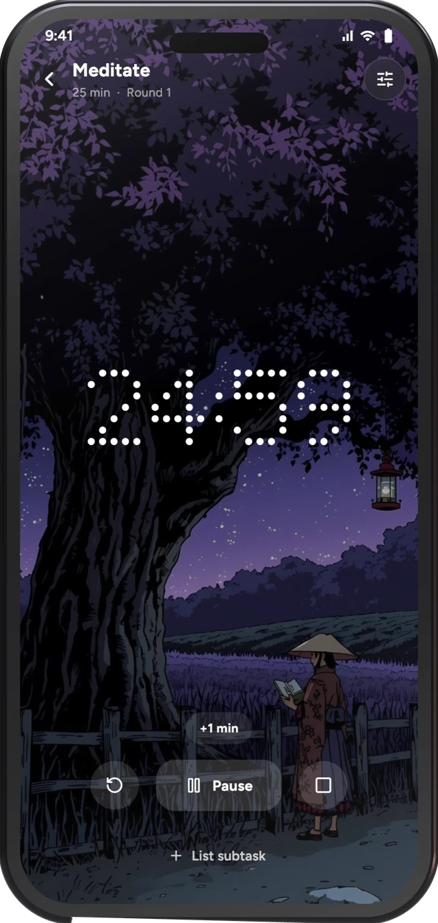 A focus session with a dotted clock