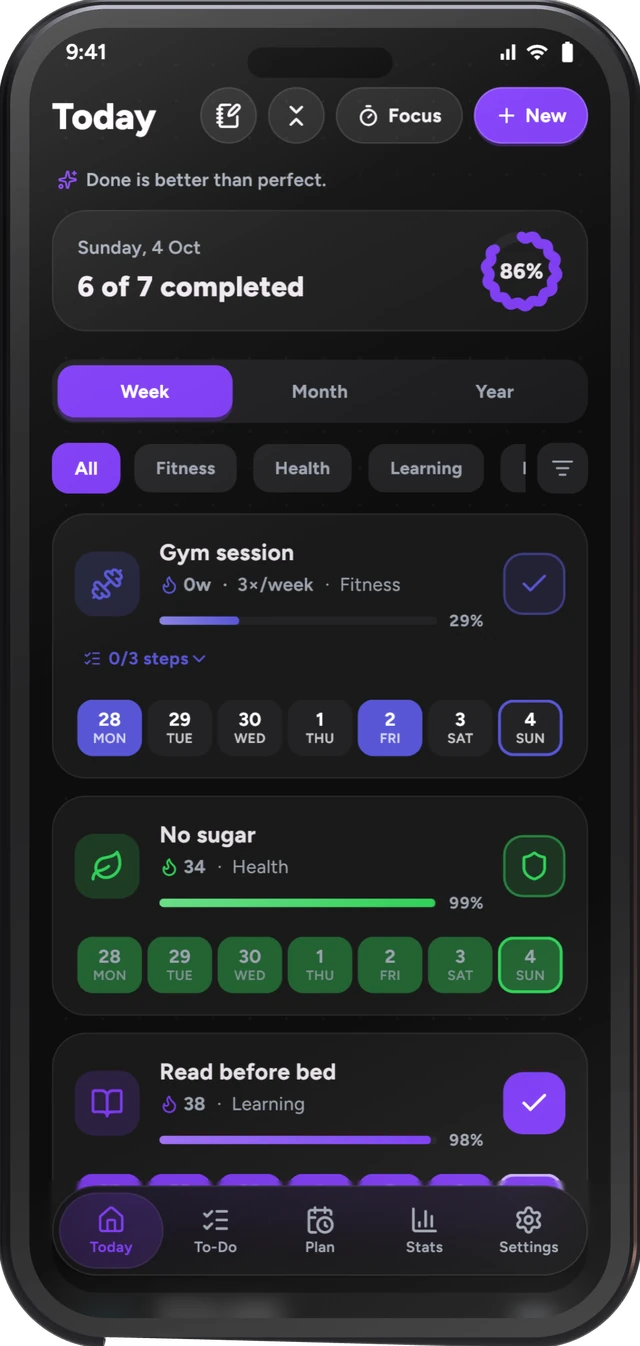 The Today screen with habits and streaks