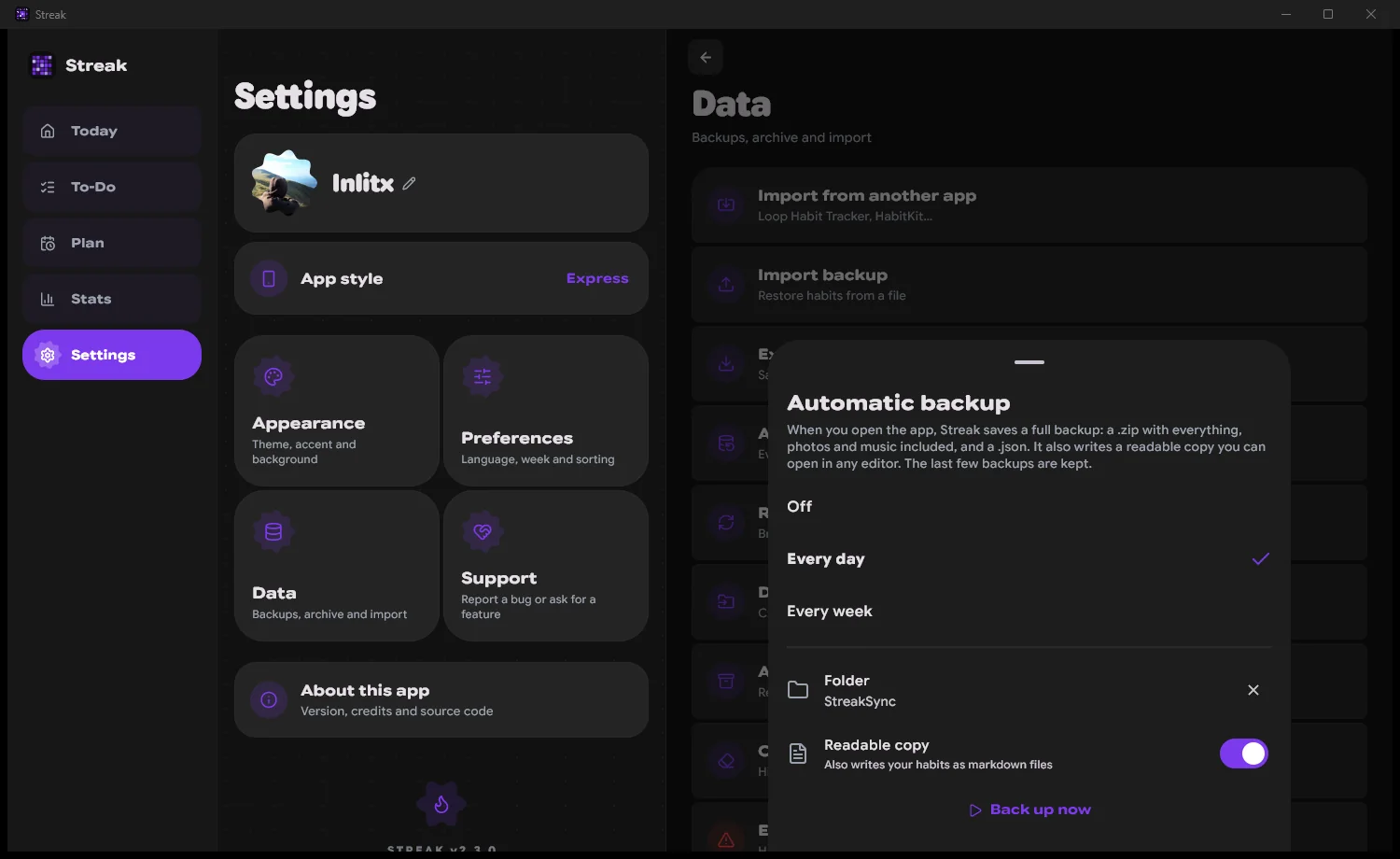 Automatic backup on the PC, saving to StreakSync