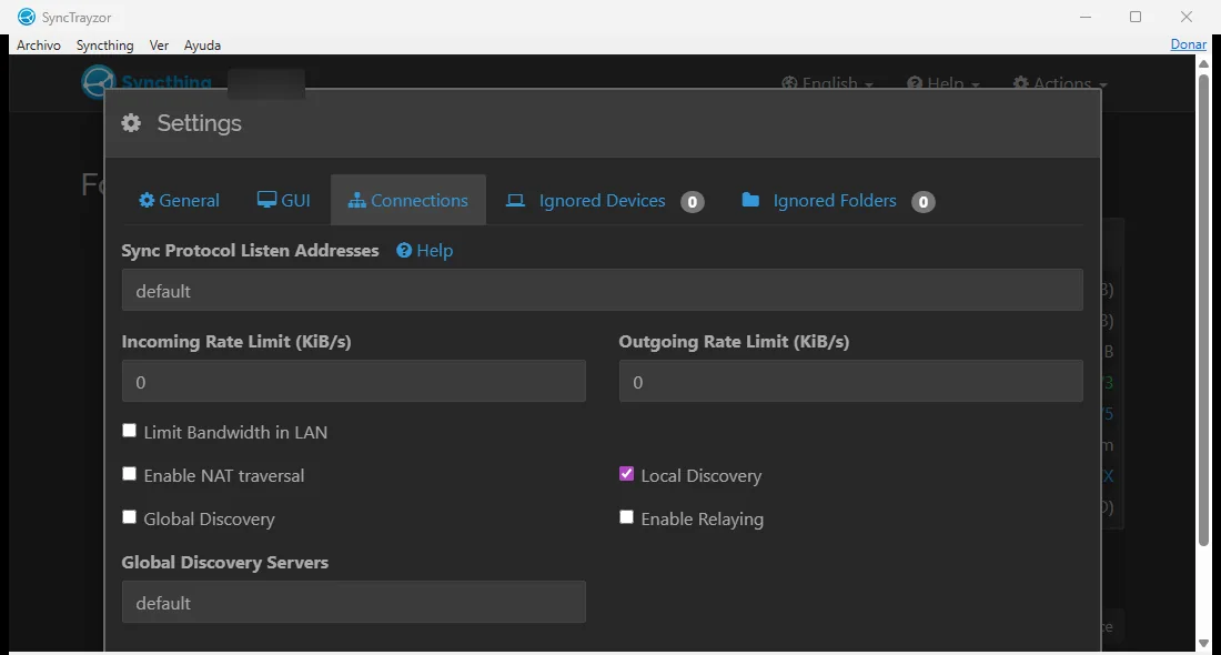 Syncthing connection settings on the PC, with only Local Discovery ticked