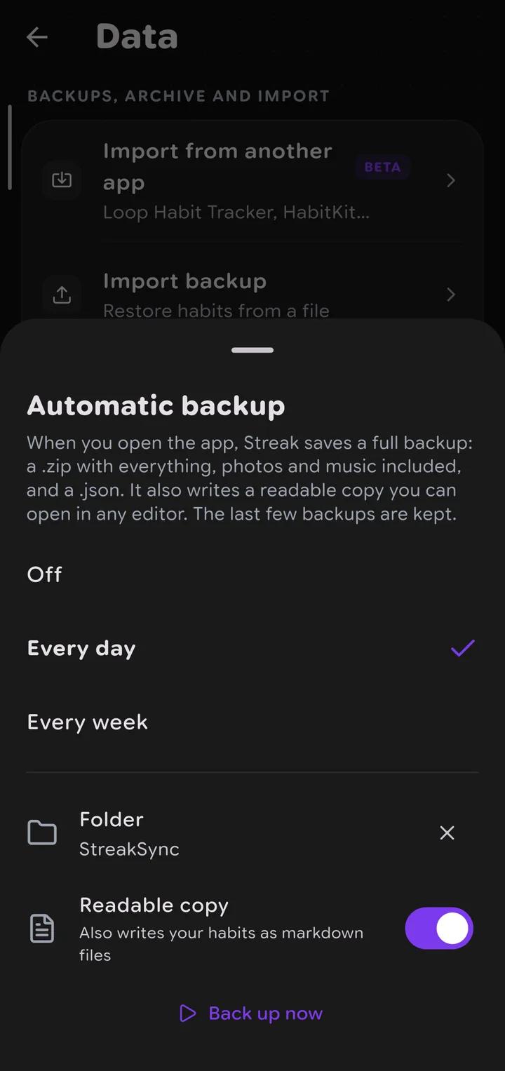 Automatic backup on the phone, saving to StreakSync